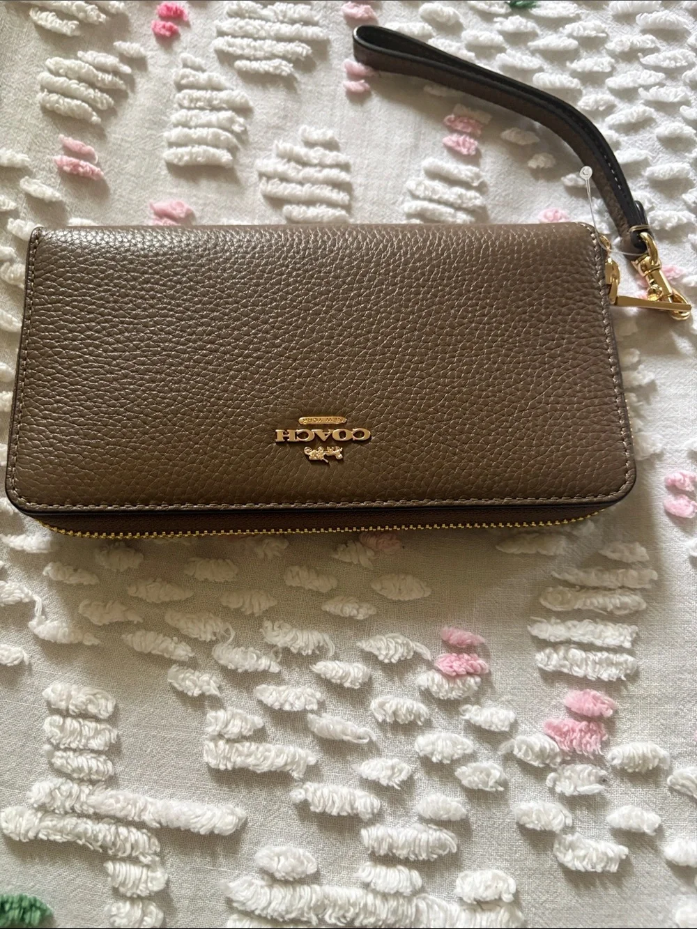 Coach Pebbled Leather Wristlet in Taupe Brown with Gold Hardware